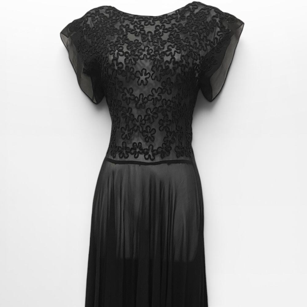 Vintage 1930s Black Chiffon Soutache Evening Gown Sheer Flutter Sleeve Dress - Picture 7 of 11